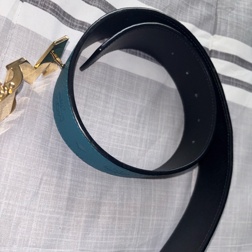 Luxury MCM Teal Leather Belt with Gold Buckle - Picture 7 of 7
